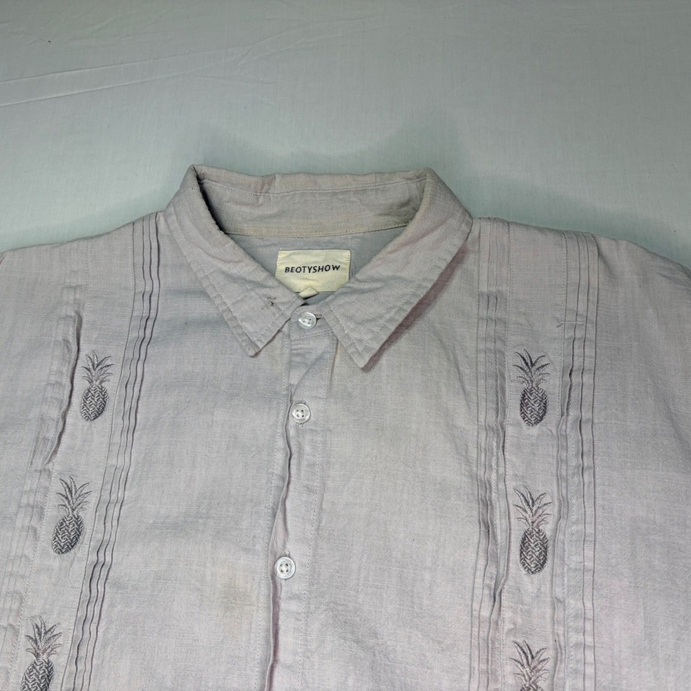 Beotyshow Mens XXL Short Sleeve Button Up‎ Shirt Pineapple Embroidered Gray